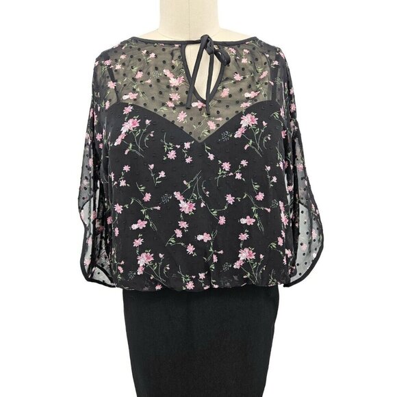 New Unique Vintage Dress Womens 3x 20 Plus Black Floral Chiffon Overlay - Picture 2 of 7